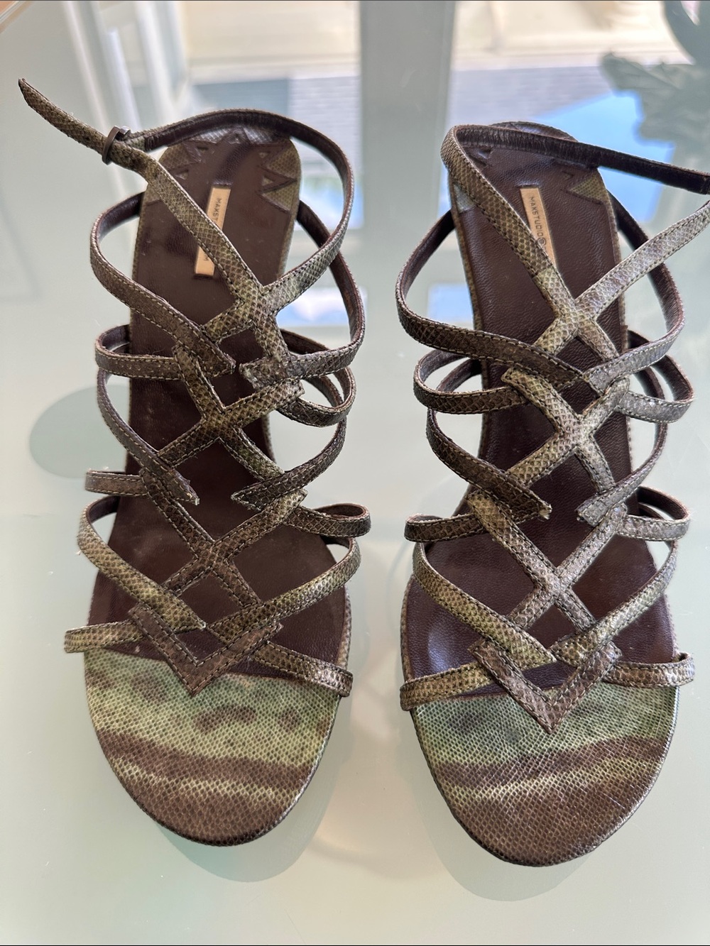 Max Studio Olive and Brown Snake embossed Strappy Heeled Cage Sandals Size 8.5